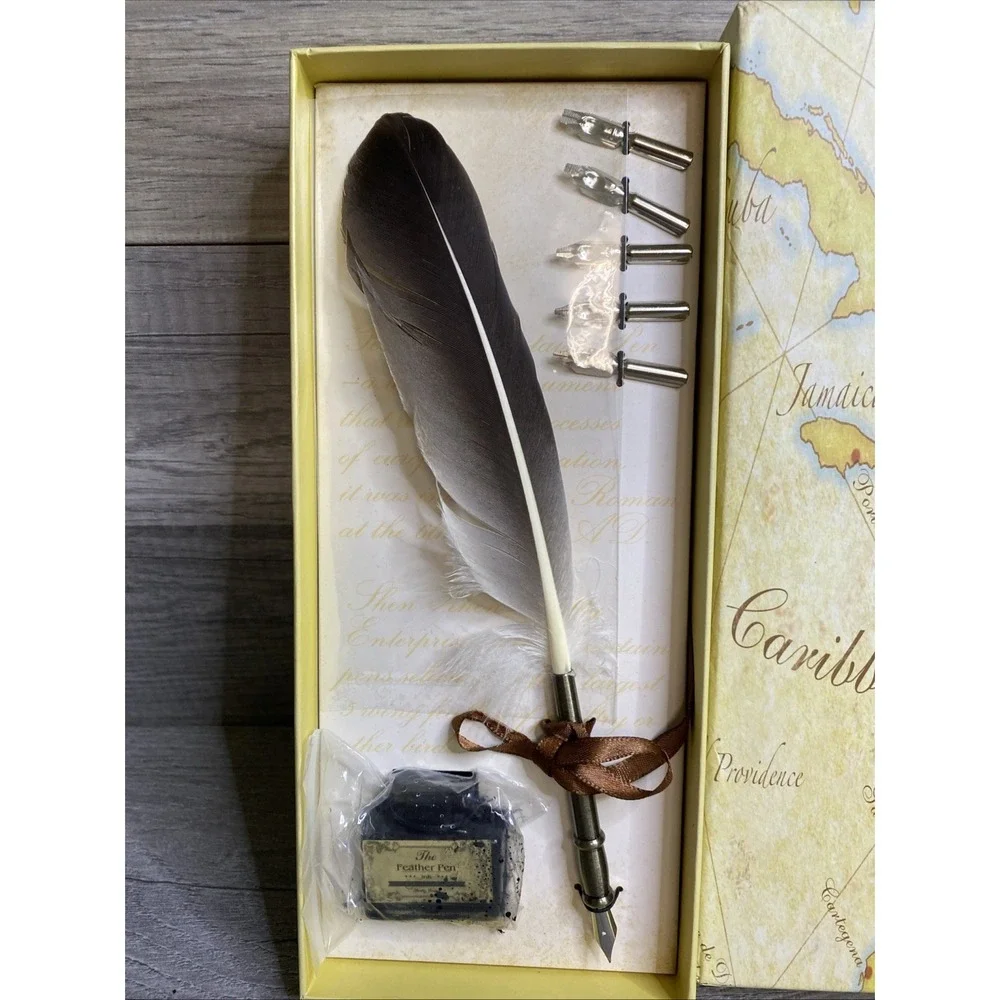 Feather Writing Fountain Caligraphy Dip Pen Quill With 5 Nibs & Box Set